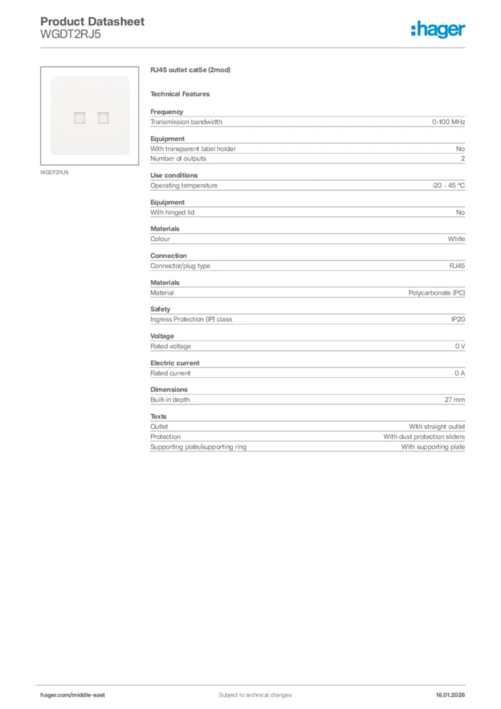 Image Hager Product data sheet WGDT2RJ5  | Hager
