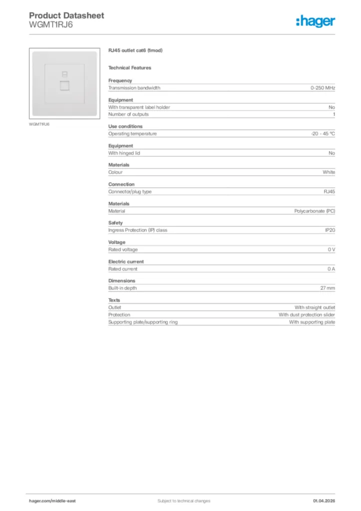 Image Hager Product data sheet WGMT1RJ6  | Hager