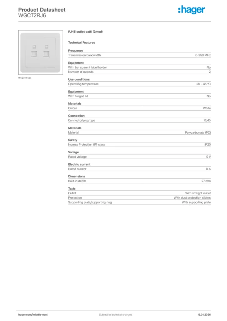 Image Hager Product data sheet WGCT2RJ6  | Hager