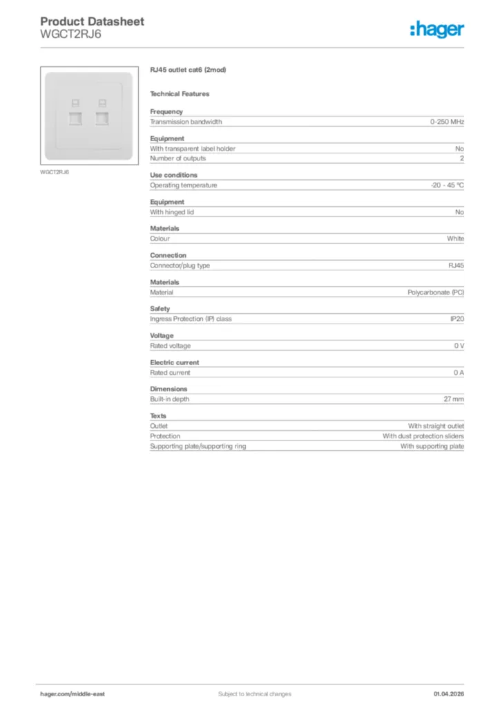 Image Hager Product data sheet WGCT2RJ6  | Hager