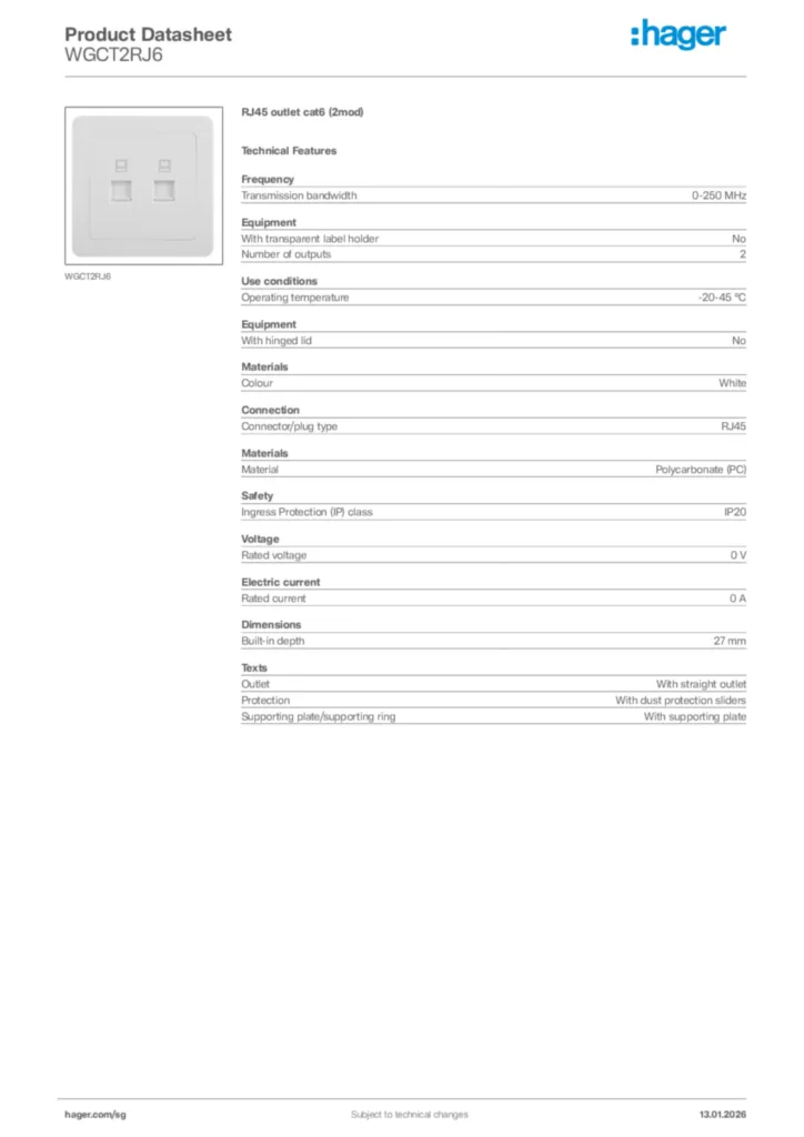 Image Hager Product data sheet WGCT2RJ6  | Hager
