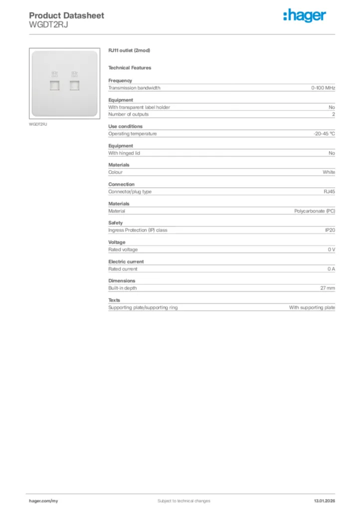 Image Hager Product data sheet WGDT2RJ  | Hager