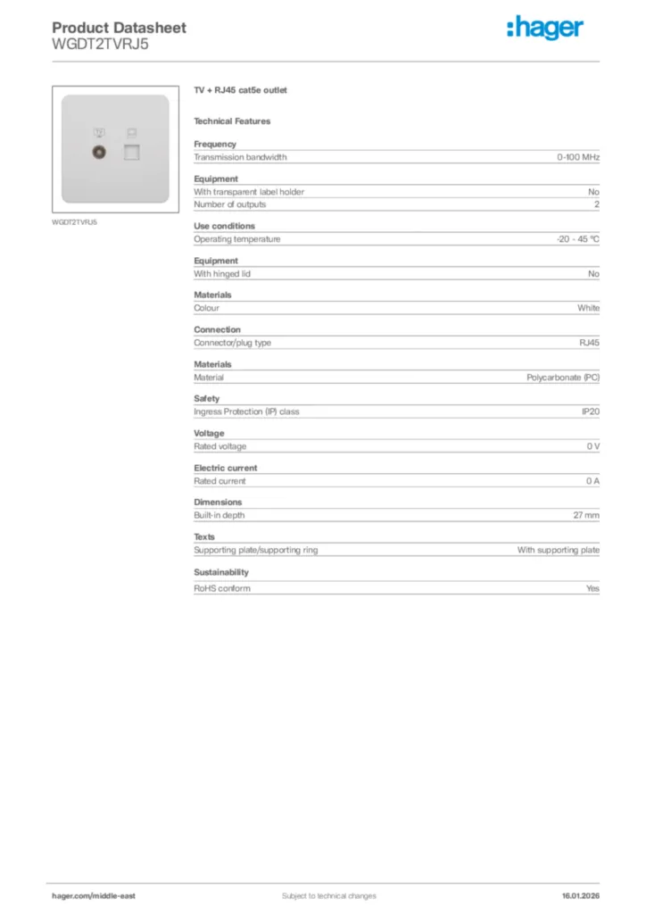 Image Hager Product data sheet WGDT2TVRJ5  | Hager