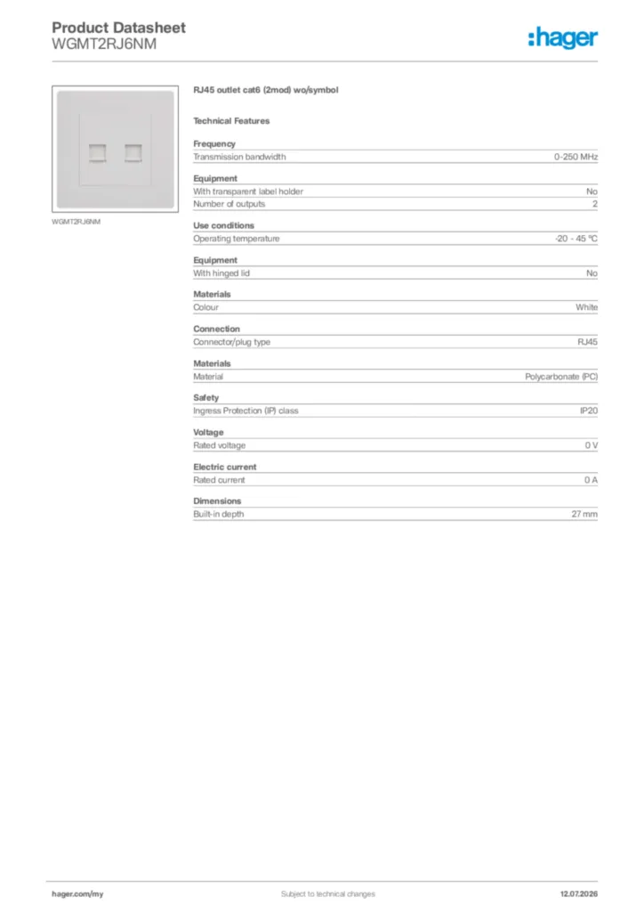 Image Hager Product data sheet WGMT2RJ6NM  | Hager