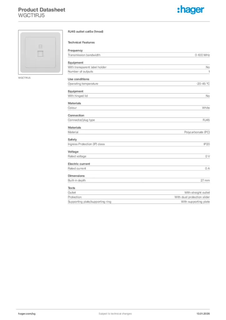 Image Hager Product data sheet WGCT1RJ5  | Hager