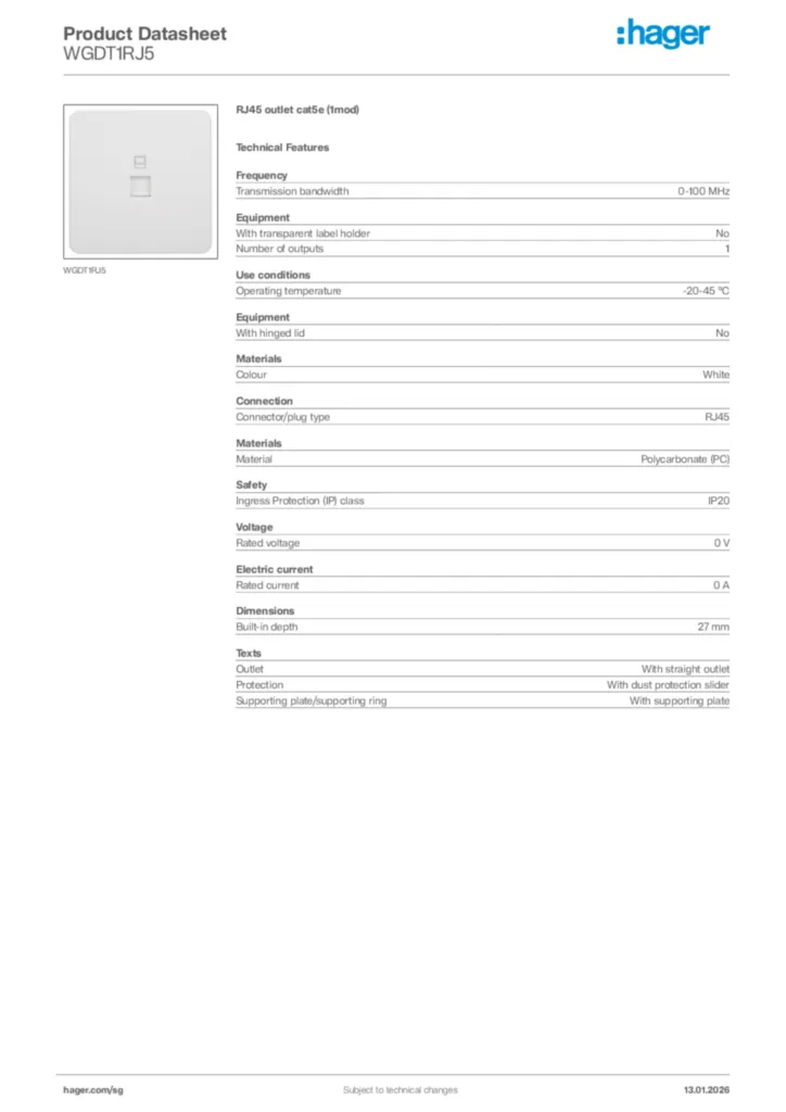 Image Hager Product data sheet WGDT1RJ5  | Hager