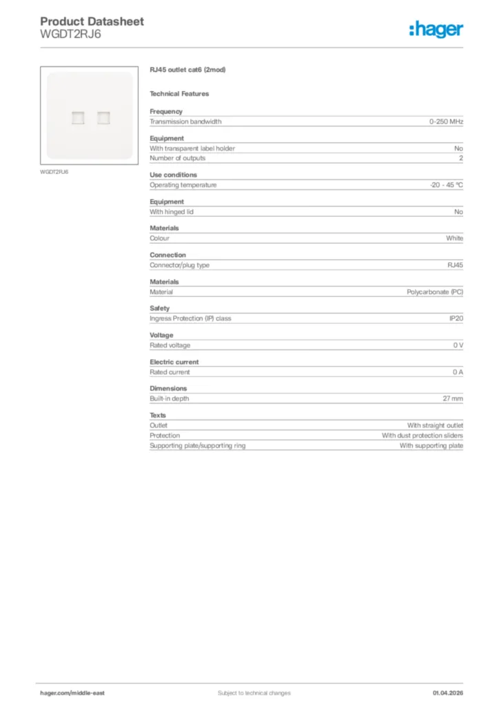 Image Hager Product data sheet WGDT2RJ6  | Hager