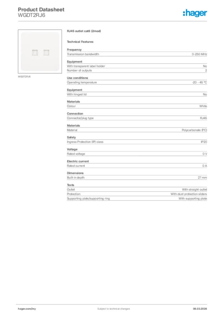 Image Hager Product data sheet WGDT2RJ6  | Hager