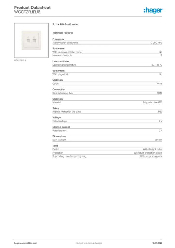 Image Hager Product data sheet WGCT2RJRJ6  | Hager