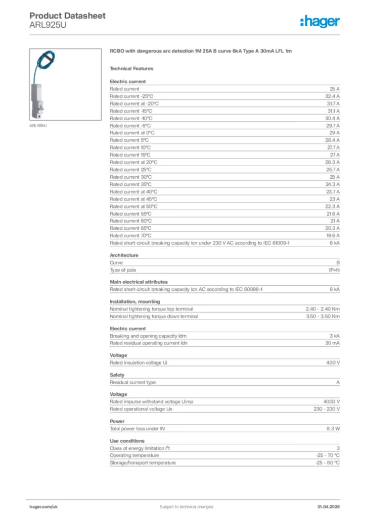 Image Hager Product data sheet ARL925U  | Hager