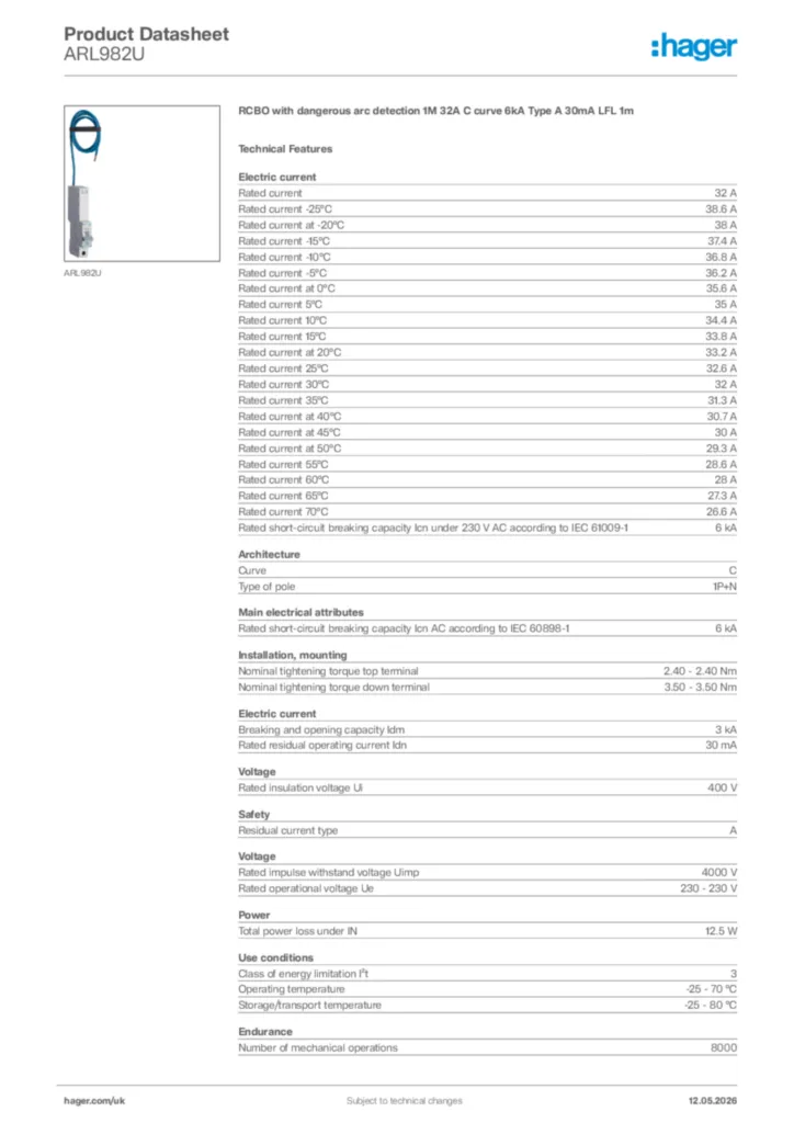 Image Hager Product data sheet ARL982U  | Hager