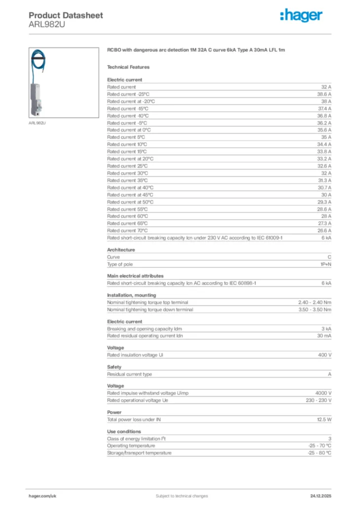 Image Hager Product data sheet ARL982U  | Hager