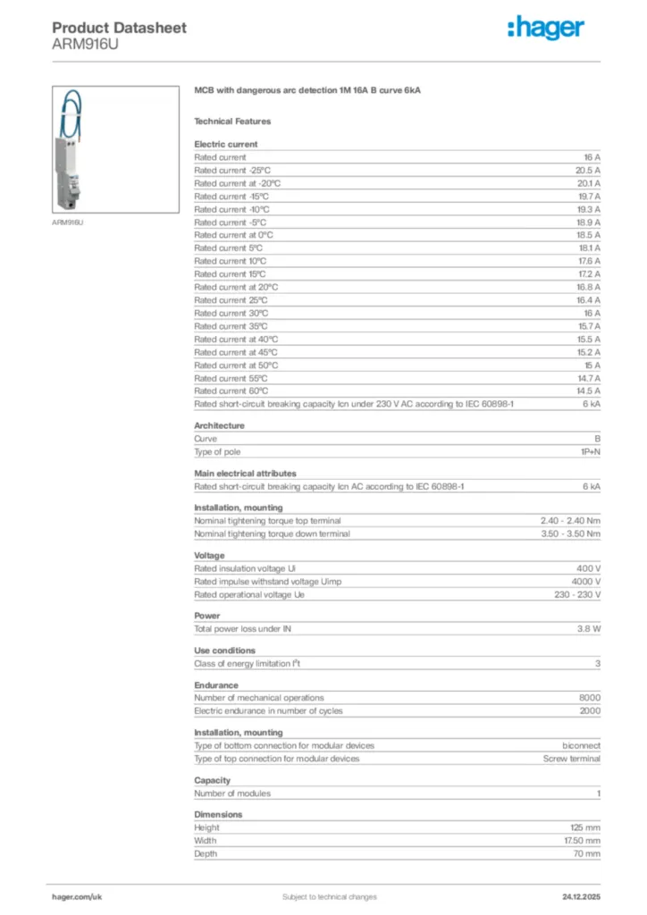 Image Hager Product data sheet ARM916U  | Hager