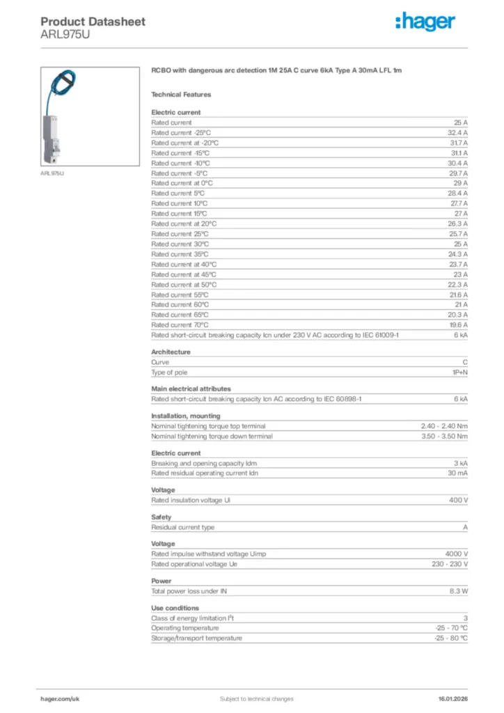 Image Hager Product data sheet ARL975U  | Hager