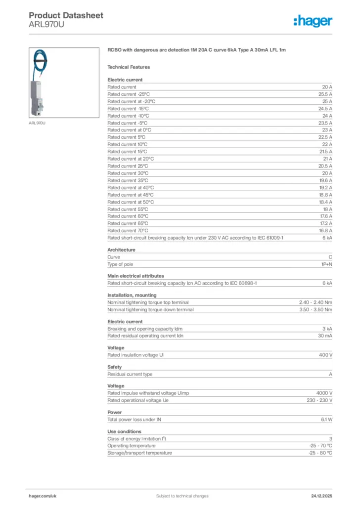 Image Hager Product data sheet ARL970U  | Hager