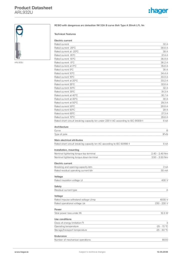 Image Hager Product data sheet ARL932U  | Hager