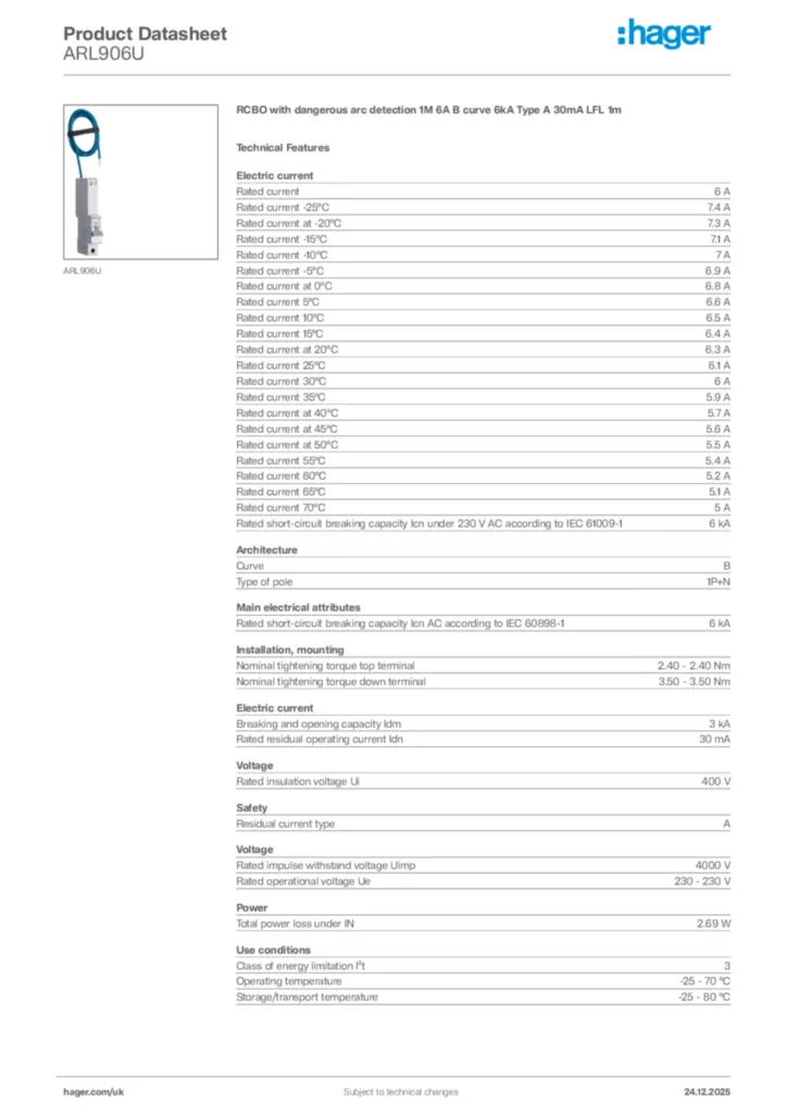 Image Hager Product data sheet ARL906U  | Hager