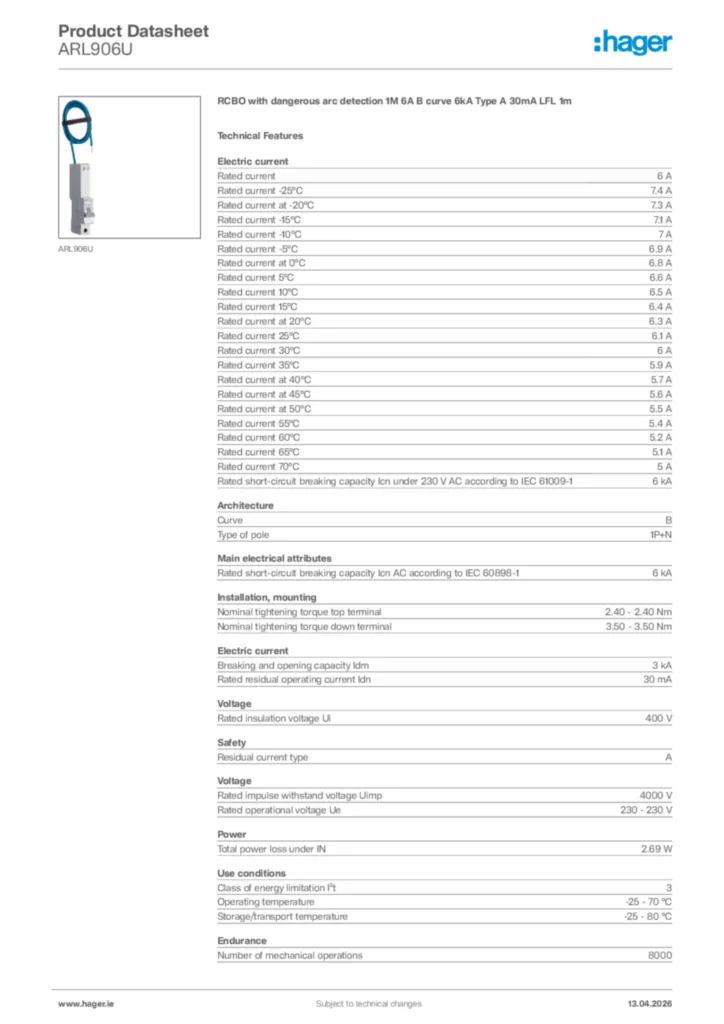 Image Hager Product data sheet ARL906U  | Hager