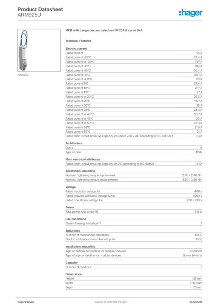 Image Hager Product data sheet ARM925U  | Hager