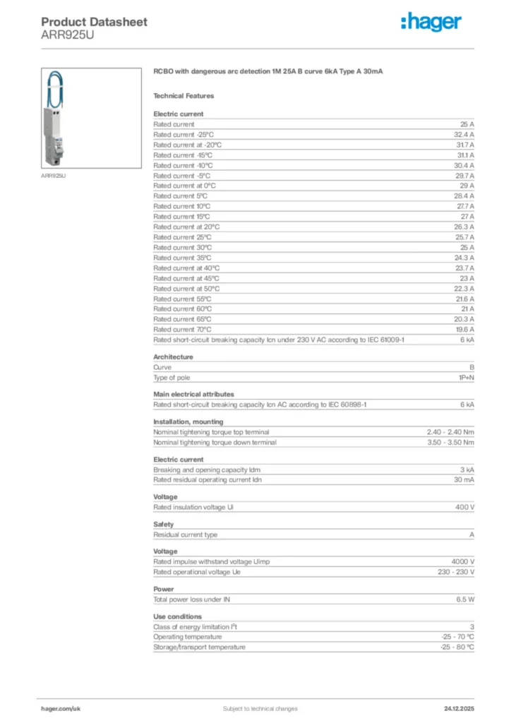 Image Hager Product data sheet ARR925U  | Hager