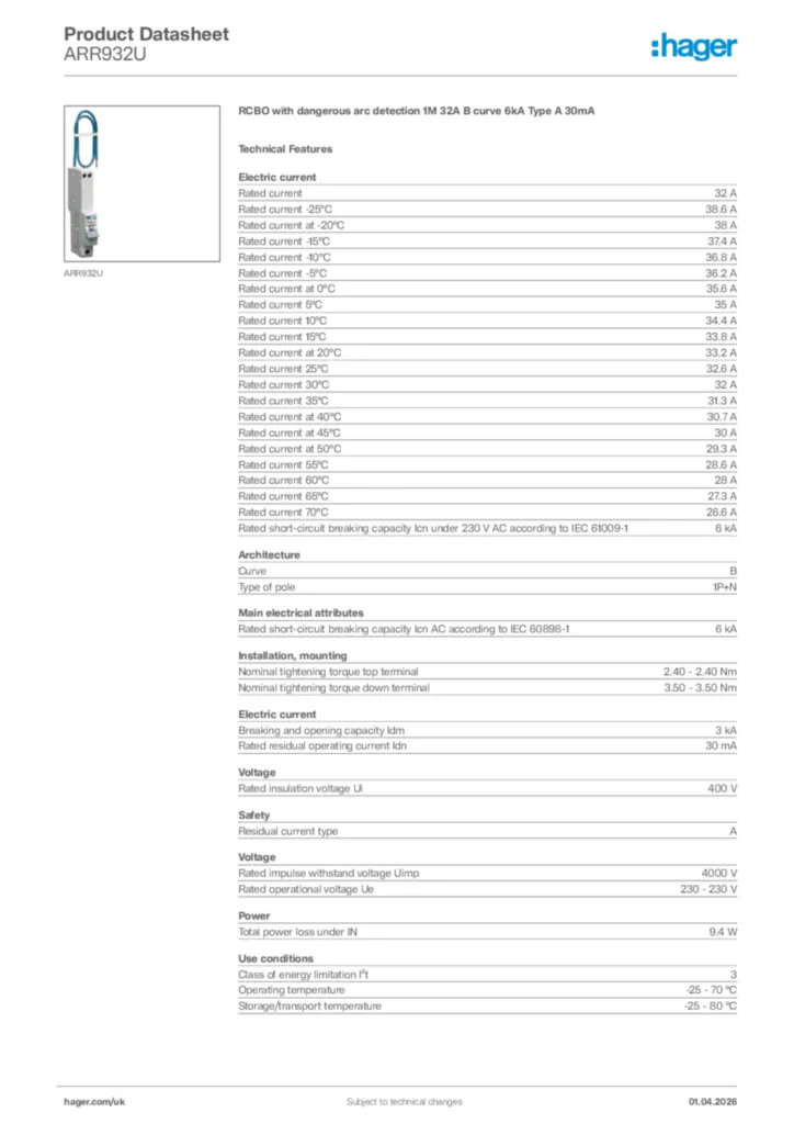 Image Hager Product data sheet ARR932U  | Hager