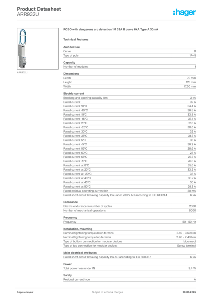 Image Hager Product data sheet ARR932U  | Hager