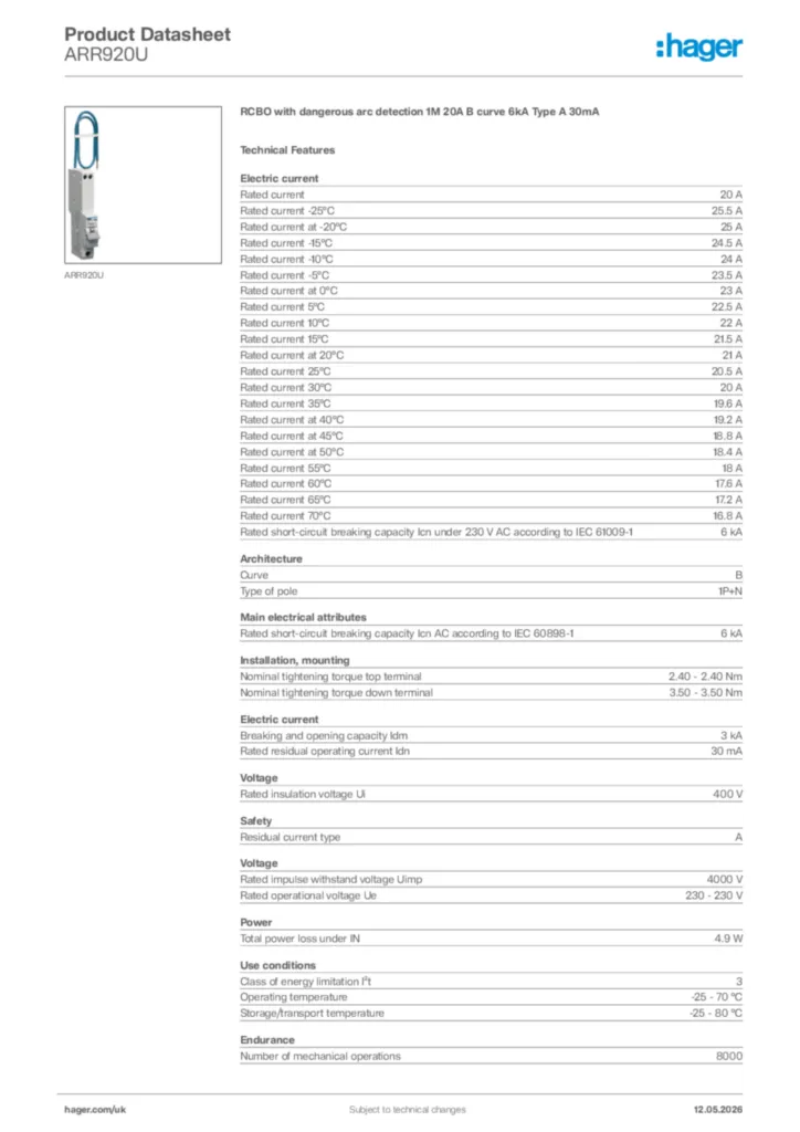 Image Hager Product data sheet ARR920U  | Hager