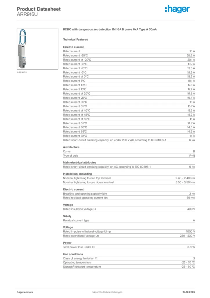 Image Hager Product data sheet ARR916U  | Hager