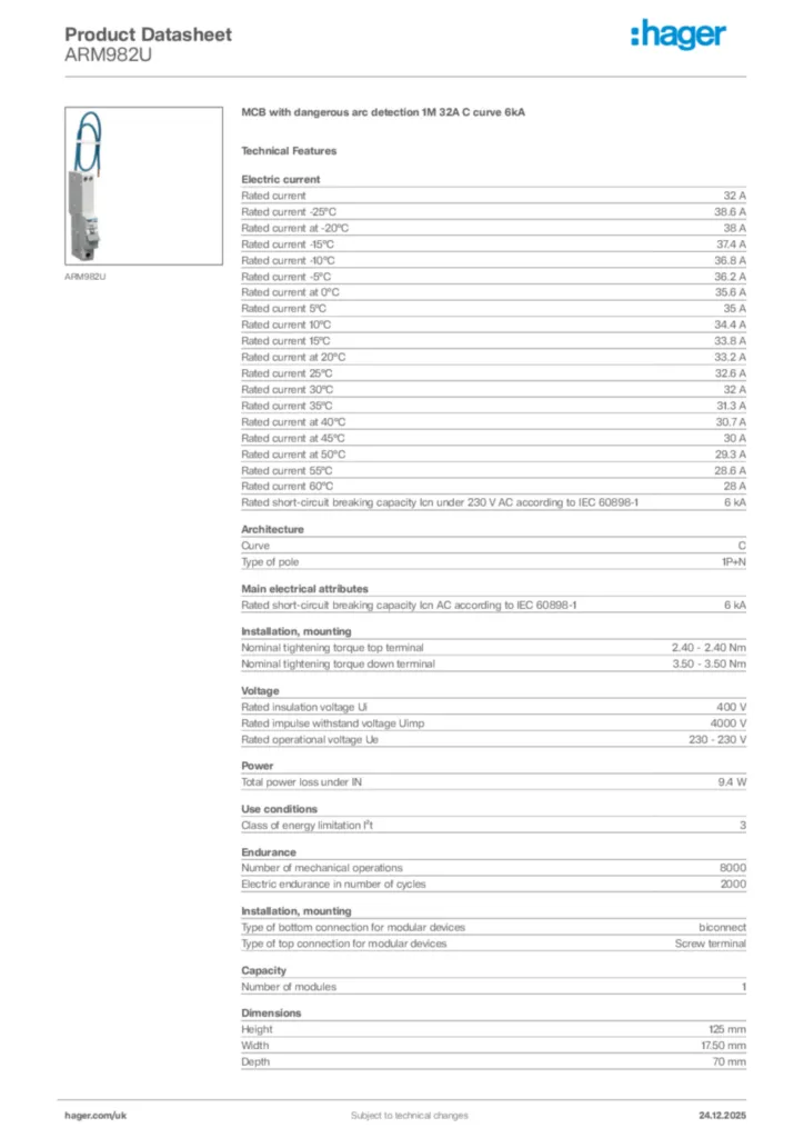 Image Hager Product data sheet ARM982U  | Hager