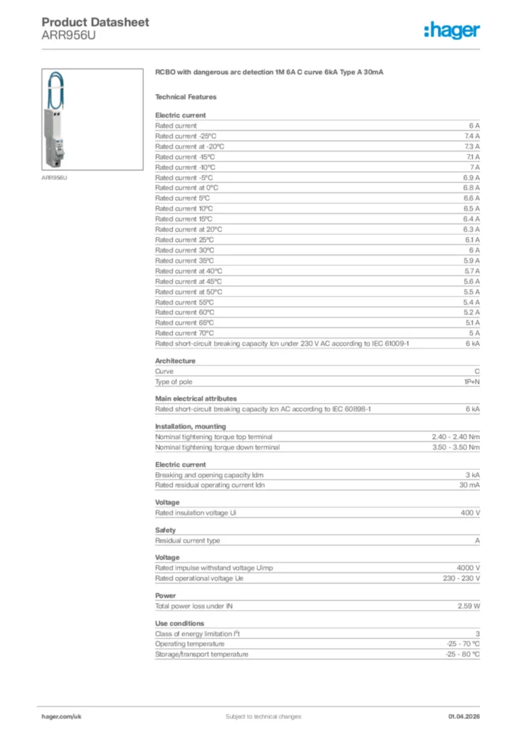 Image Hager Product data sheet ARR956U  | Hager