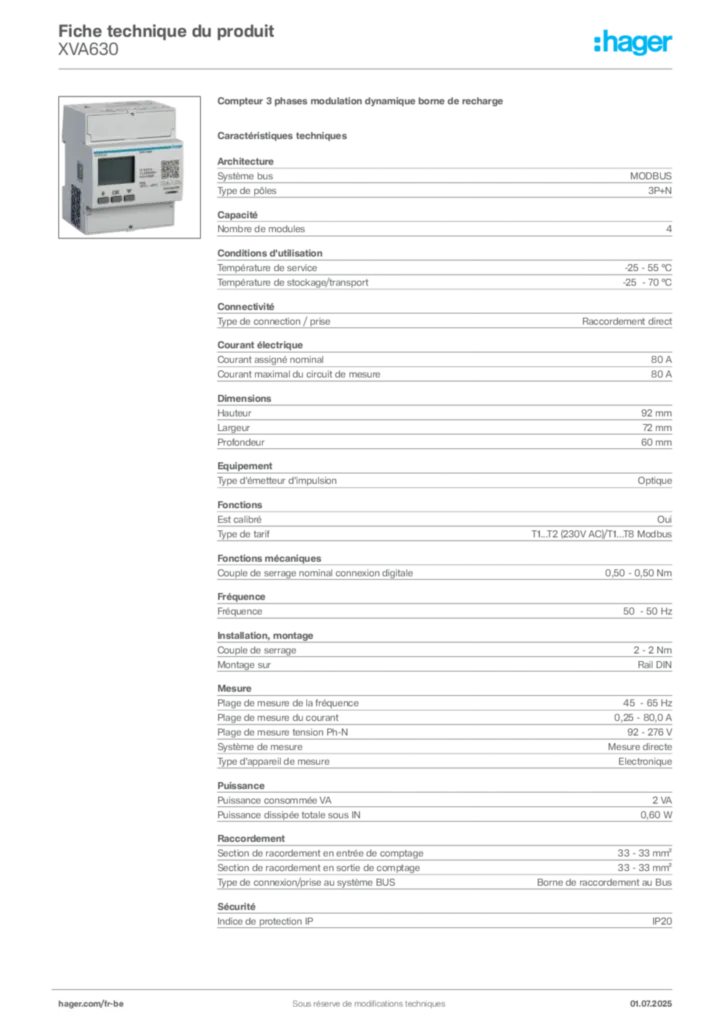 Image Hager Fiche technique du produit XVA630 | Hager Belgique