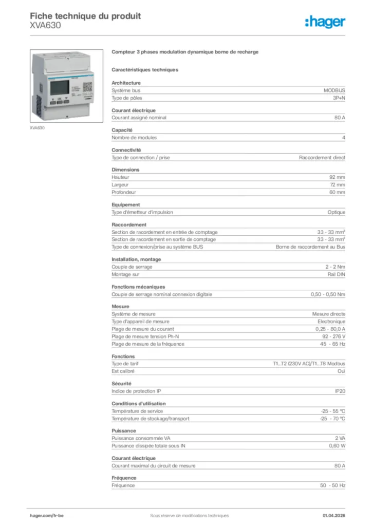 Image Hager Fiche technique du produit XVA630 | Hager Belgique
