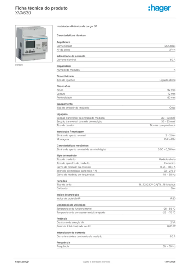 Imagem Hager Ficha técnica do produto XVA630 | Hager Portugal