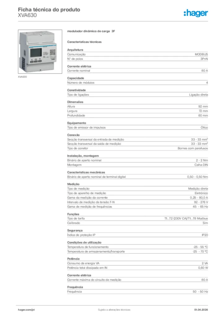 Imagem Hager Ficha técnica do produto XVA630 | Hager Portugal