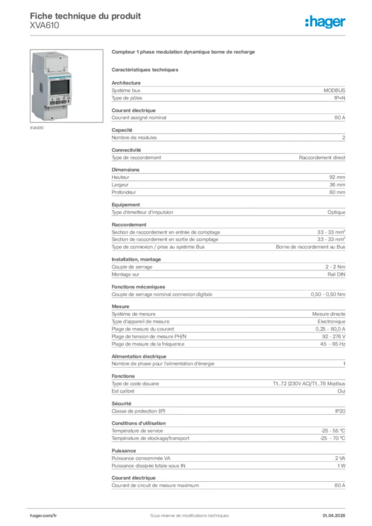 Image Hager Fiche technique du produit XVA610 | Hager France