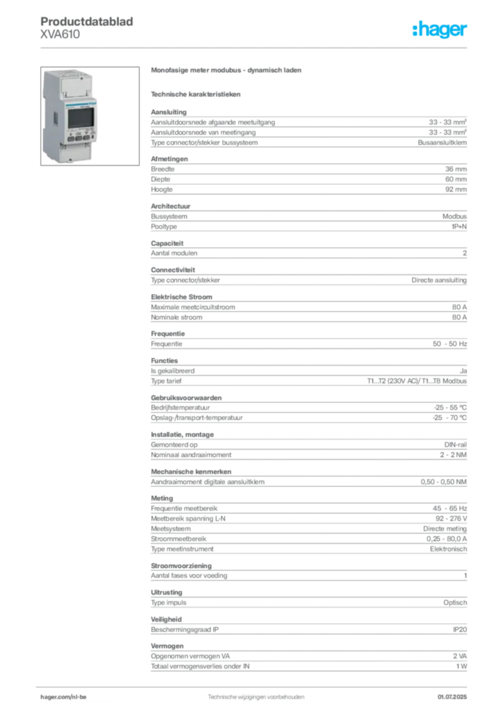 Afbeelding Hager Productdatablad XVA610 | Hager Belgium