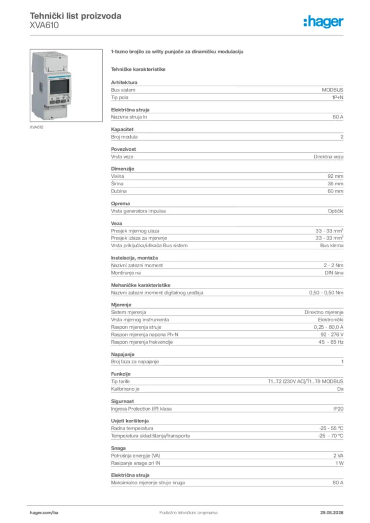 Slika Hager Tehnički list proizvoda XVA610  | Hager
