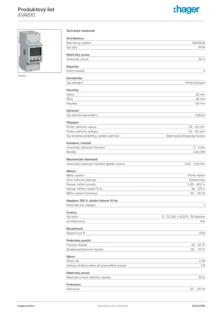 Obrázek Hager Product data sheet XVA610 | Hager
