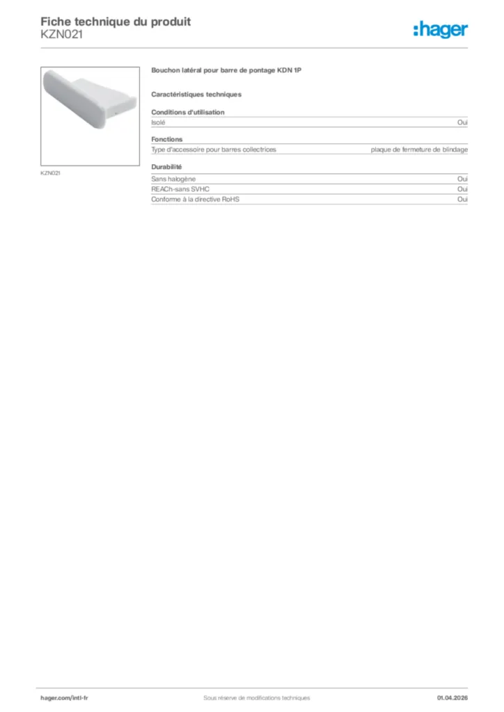 Image Hager Fiche technique du produit KZN021 | Hager Afrique