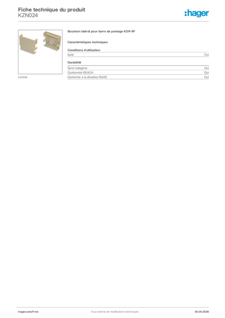 Image Hager Fiche technique du produit KZN024 | Hager Belgique