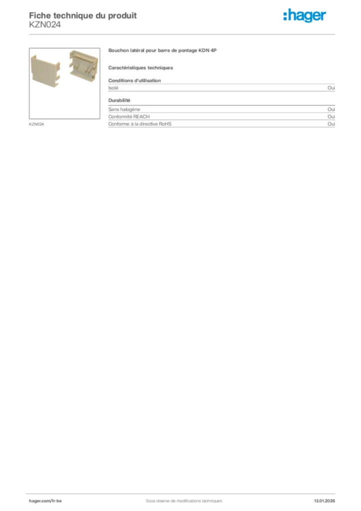 Image Hager Fiche technique du produit KZN024 | Hager Belgique