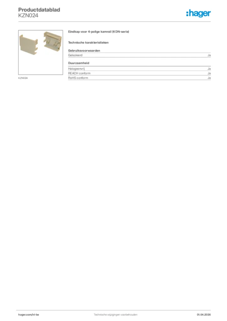 Afbeelding Hager Productdatablad KZN024 | Hager Belgium