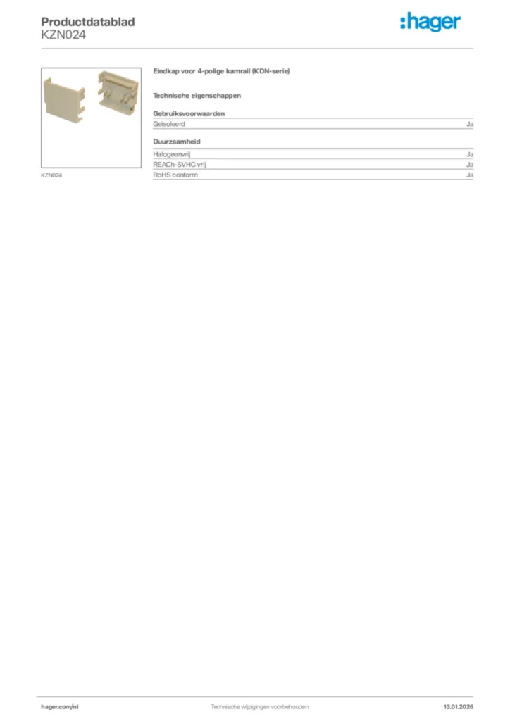 Afbeelding Hager Productdatablad KZN024 | Hager Nederland