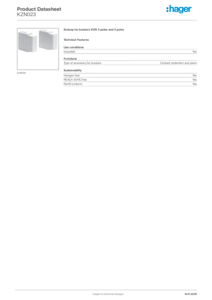 Image Hager Product data sheet KZN023  | Hager Africa