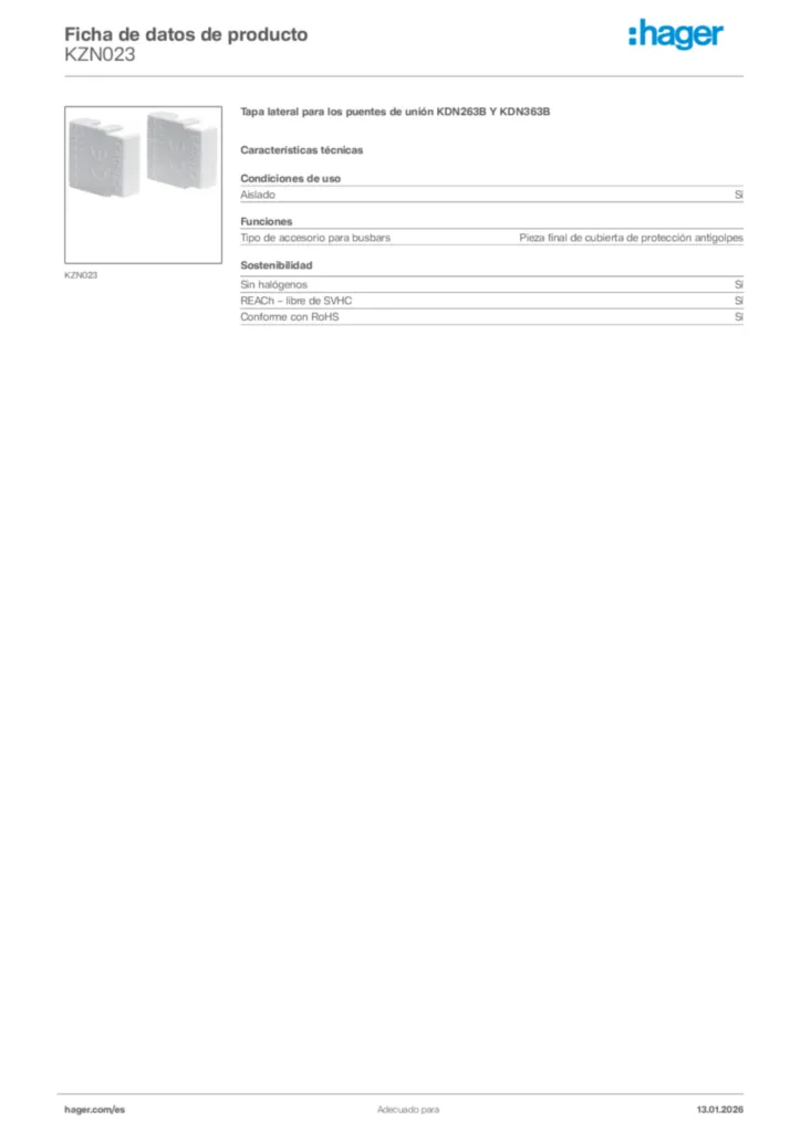 Imagen Hager Ficha de datos de producto KZN023 | Hager España