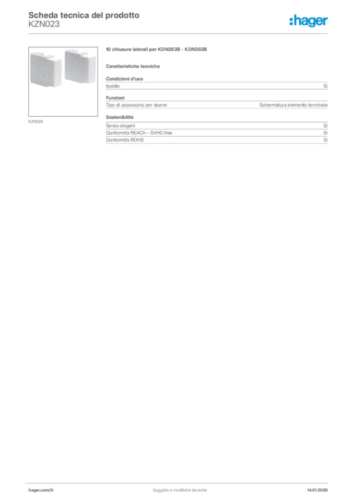 Immagine Hager Scheda tecnica del prodotto KZN023 | Hager Italia