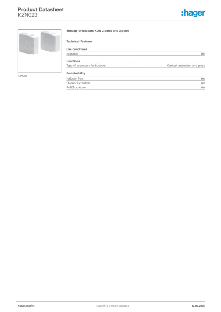 Image Hager Product data sheet KZN023  | Hager New Zealand