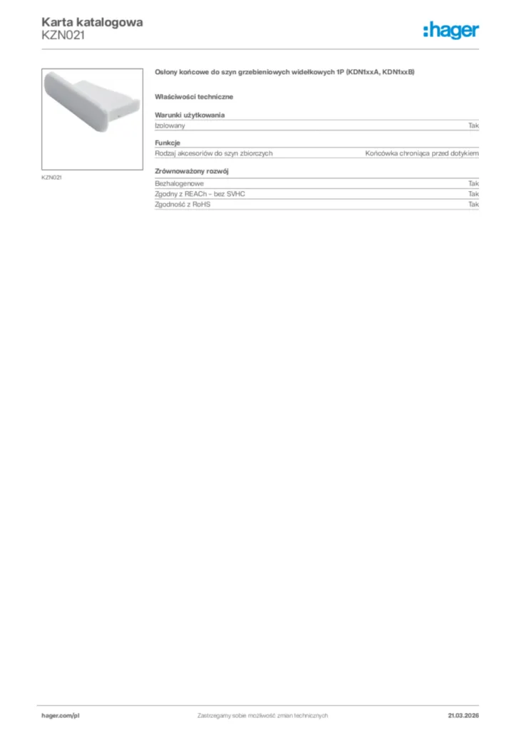 Zdjęcie Hager Karta katalogowa KZN021 | Hager Polska