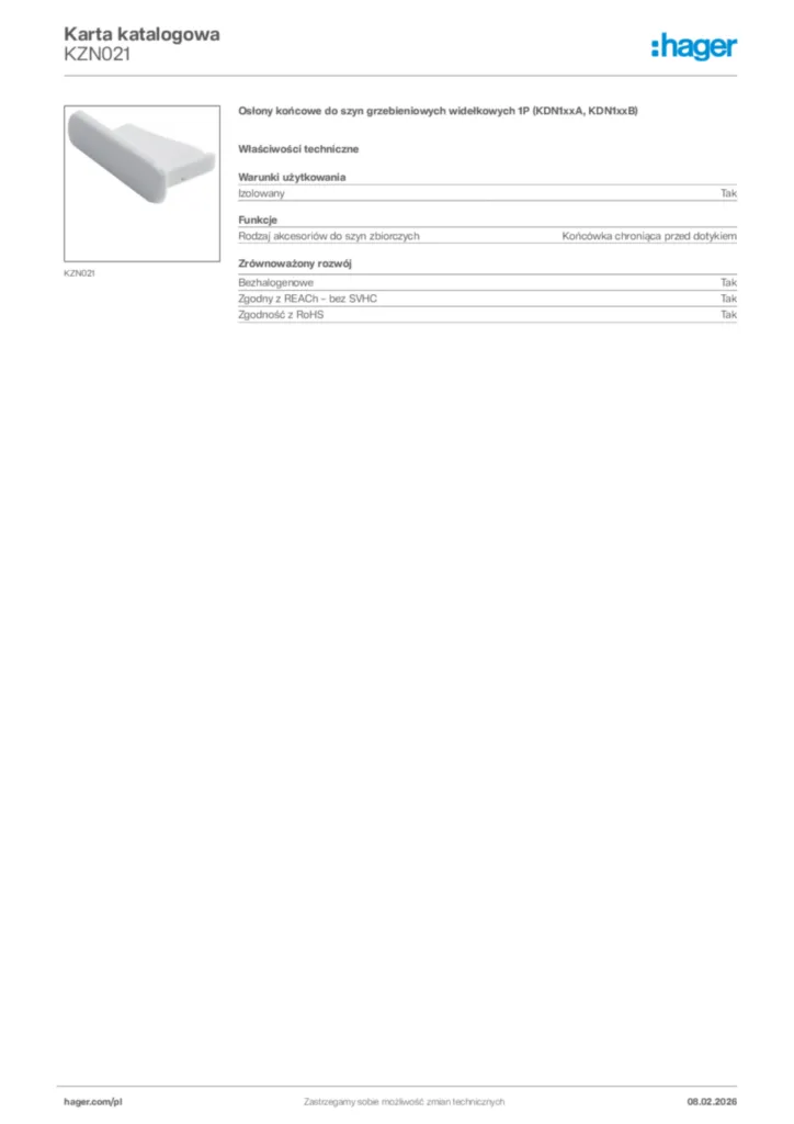 Zdjęcie Hager Karta katalogowa KZN021 | Hager Polska