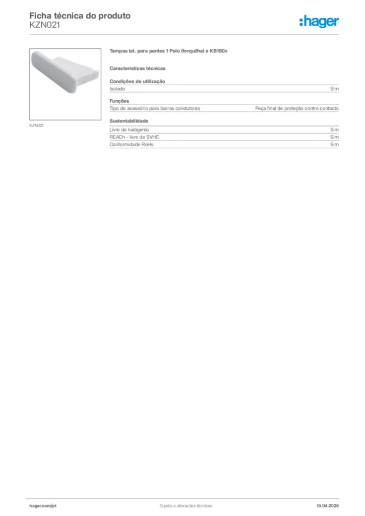 Imagem Hager Ficha técnica do produto KZN021 | Hager Portugal